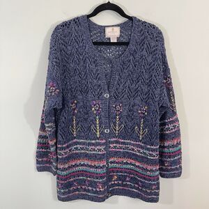 Vtg Express Tricot Navy Rainbow Flowers Oversized Whimsical Cardigan